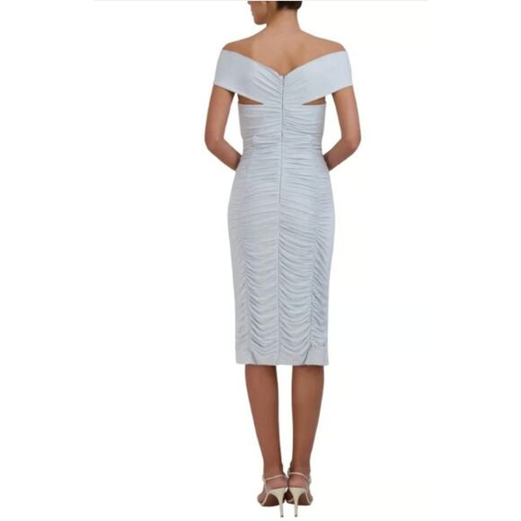 BCBGMAXAZRIA Baby Blue Ruched Bodycon Midi Dress Off-Shoulder Cut-Out S - Picture 2 of 5